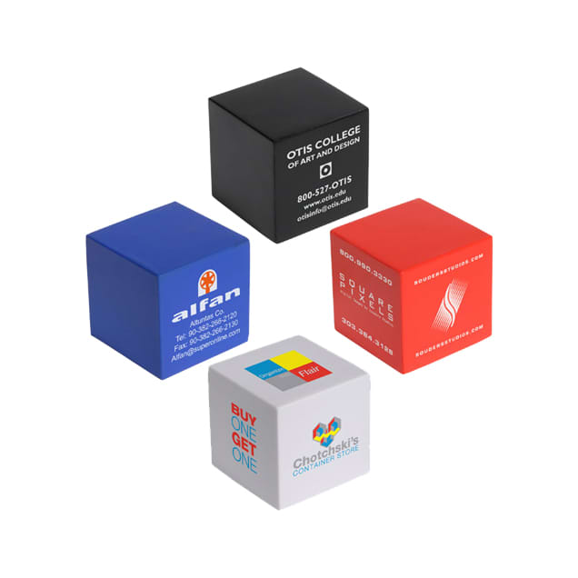 Four cube-shaped stress relievers in red, blue, black, and white, each with a logo or branding. Cube Shape Stress Reliever - Image 1
