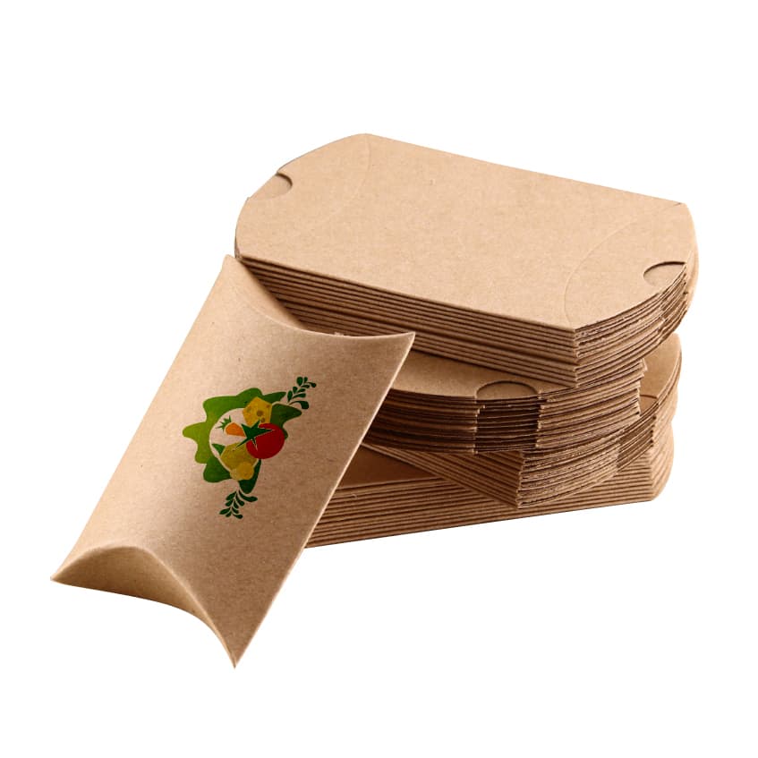 A stack of small brown kraft pillow boxes with a floral design on one box. Each box has a smooth finish. Small Brown Kraft Pillow Box(125 x 75 x 30mm) - Image 1