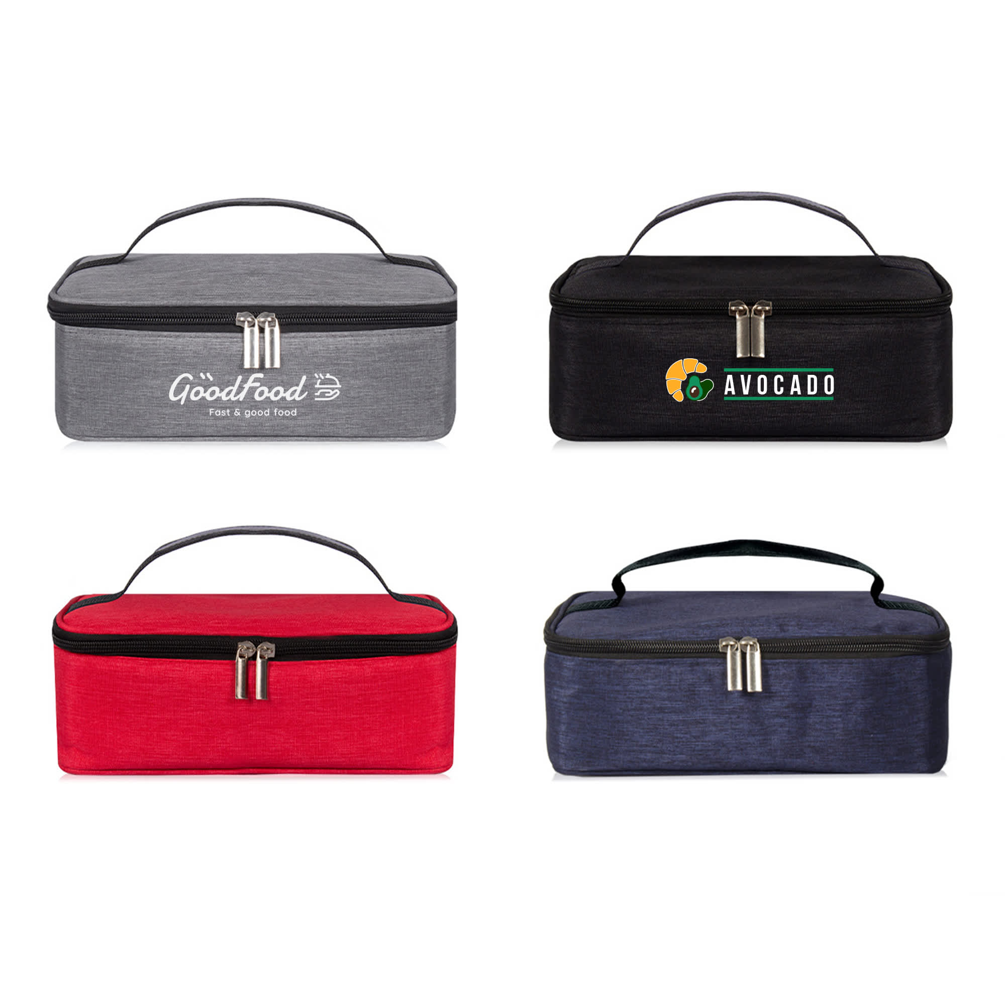 Four portable thermal insulated lunch bags in grey, black, blue, and red, each with a handle and a logo. Portable Thermal Insulated Lunch Bag - Image 1