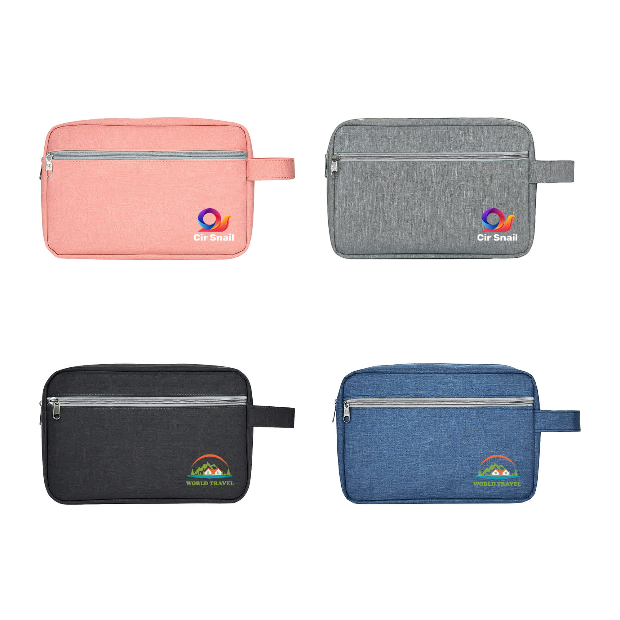 Four toiletry bags with handles in pink, grey, black, and blue, each featuring a logo. Toiletry Bag With Handle - Image 1