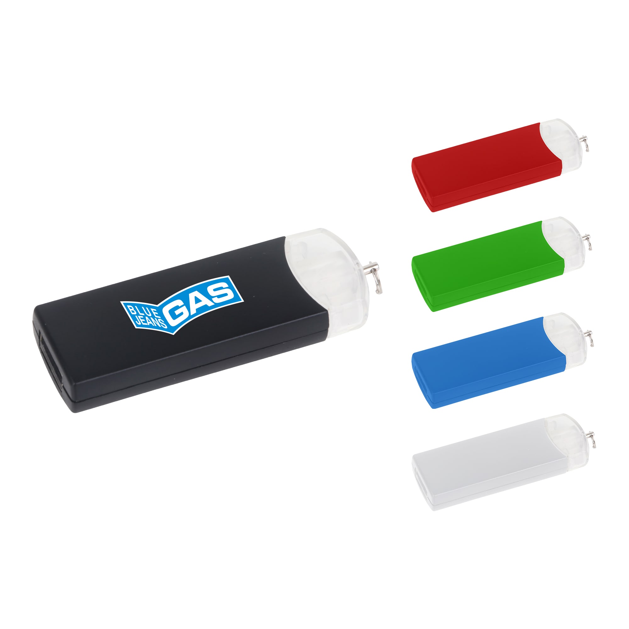 A USB flash drive in black with a clear cap, accompanied by red, green, blue, and white versions. Each has a logo. Gyro USB Flash Drive - Image 1