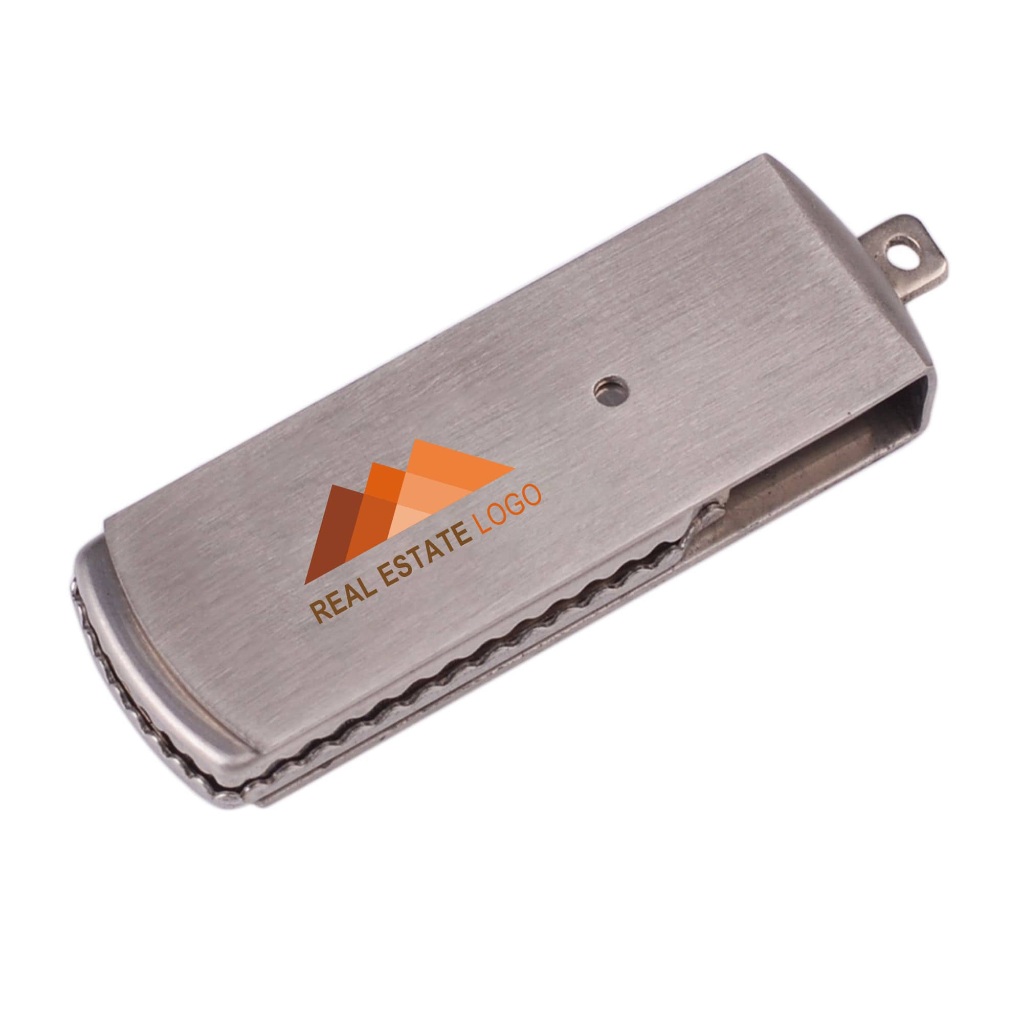 A metallic rectangular swivel flash drive with a silver finish and a logo on the surface. Metal Rectangular Swivel Flash Drive - Image 1