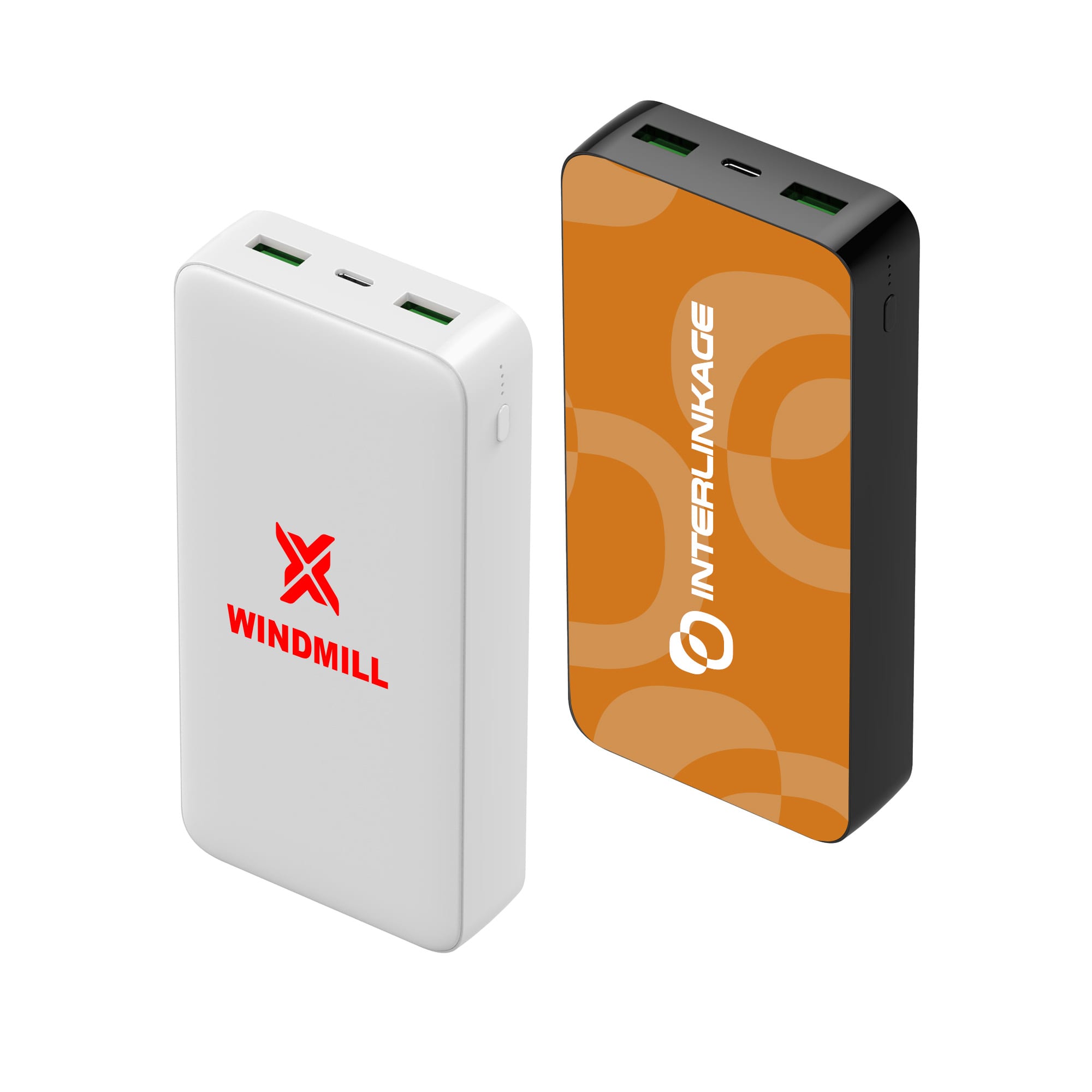 A white and orange power bank with dual USB ports and branding on one side. 20000mAh Fast Charging Power Bank - Image 1