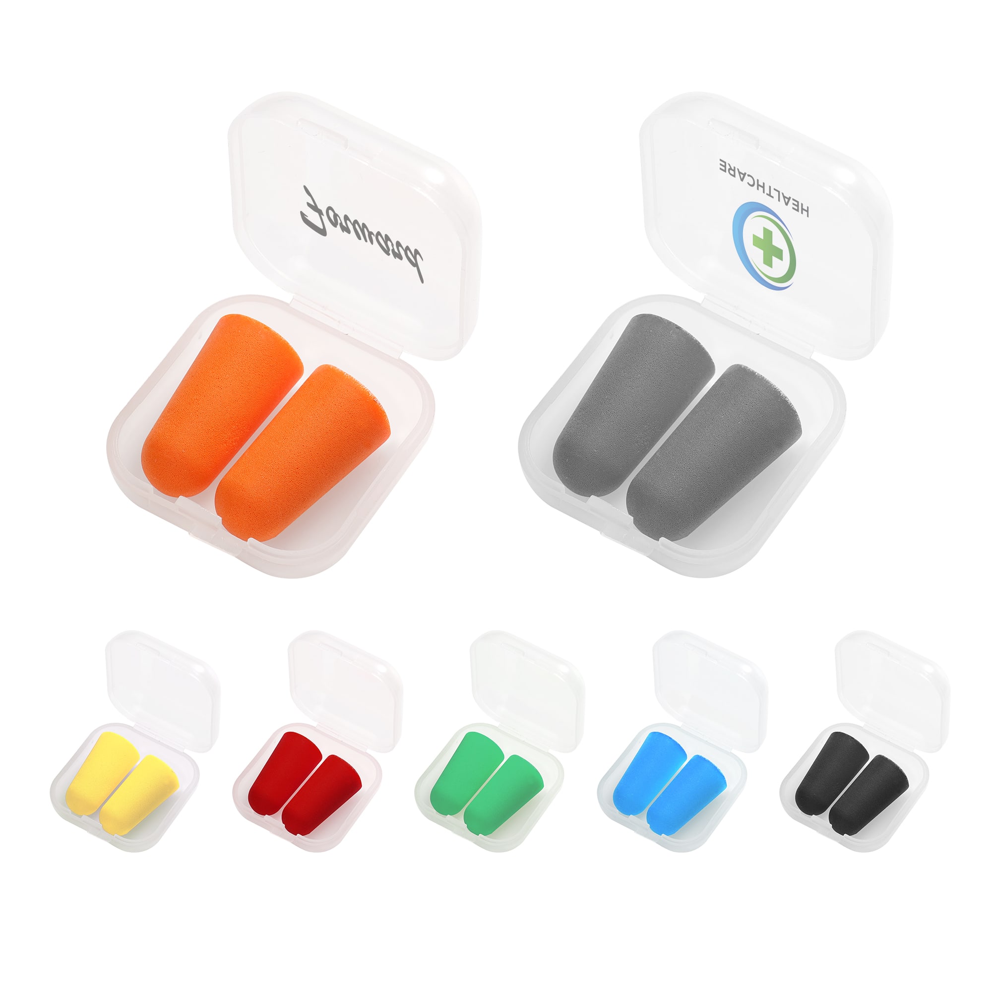 A container holding pairs of orange and grey ear plugs, with additional pairs in yellow, red, green, and blue. Ear Plugs - Image 1