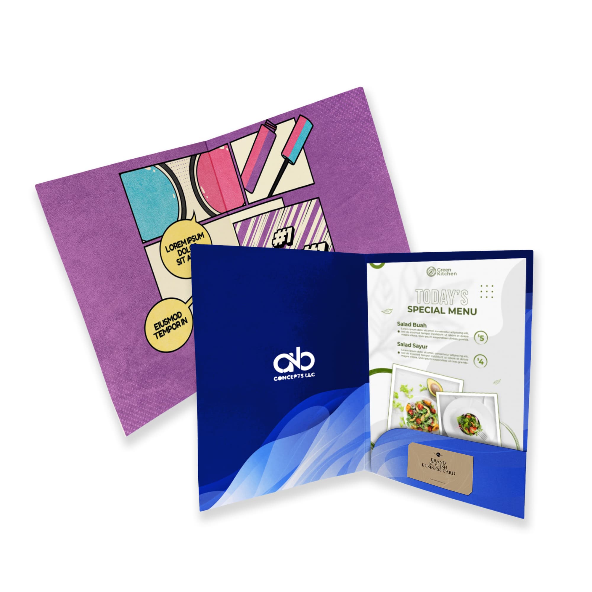 A4 full colour presentation folder featuring a vibrant purple exterior and blue interior, with an embossed logo. A4 Full Colour Presentation Folder - Image 1