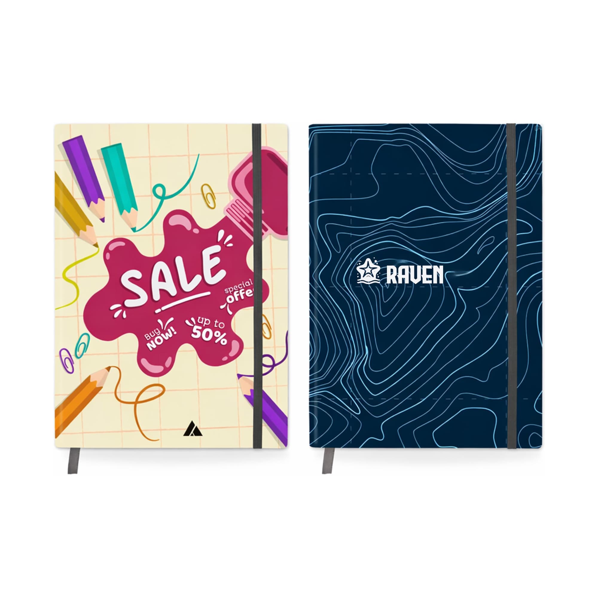 B5 notebooks with full colour cardboard covers in artistic designs, featuring a logo on one cover and colourful graphics on the other. B5 Full Colour Cardboard Cover Notebook - Image 1