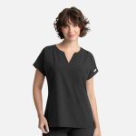 A black women's dolman top featuring a V-neck, short sleeves, and a pocket, accompanied by a logo.