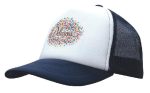 A trucker mesh cap featuring a white front panel, navy peak, and mesh back, adorned with a decorative logo.