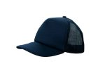 A navy blue trucker mesh cap with a solid front and a breathable mesh rear. Features a logo on the front.