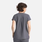 A grey women's dolman top featuring short sleeves and a pleated back design. The product has a logo.