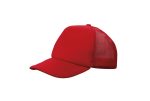 A red trucker mesh cap with a solid front and mesh back. It features a curved brim and a logo.