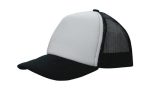 A black and white trucker mesh cap with a structured front and mesh back, featuring a logo on the front.