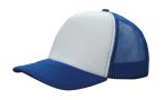 A blue and white trucker mesh cap featuring a solid front panel and a mesh back. It includes a logo.