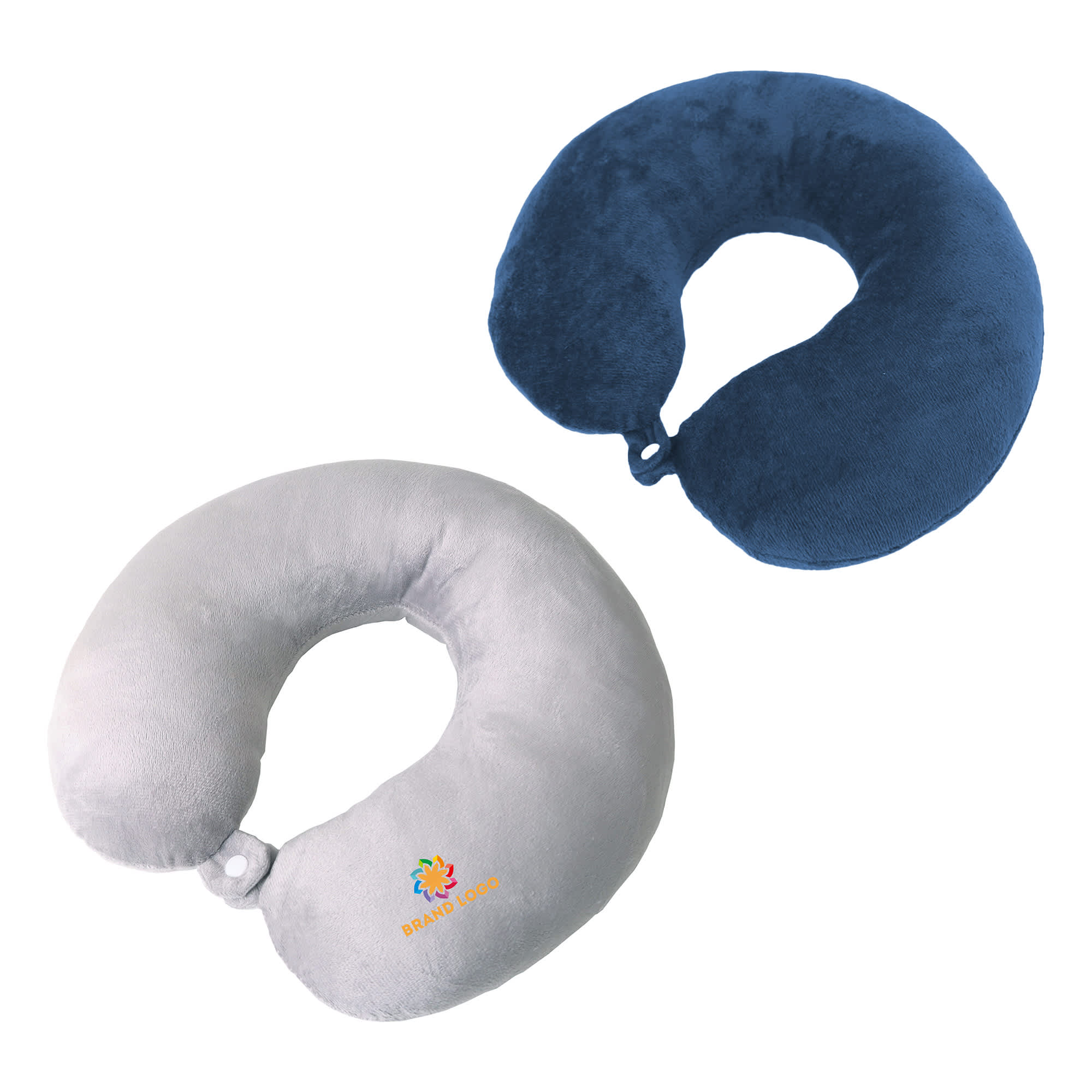 Two U-shaped travel pillows in grey and navy blue, featuring a logo on one of them. U-shaped Travel Pillow - Image 1