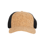 A cork-effect trucker cap with a black mesh back and a curved brim, featuring a logo on the front.