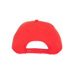 A red polyester cap featuring a custom braid and a logo on the back.