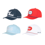 A collection of four caps featuring different colours: navy, red, light blue, and white, each with unique designs and branding.