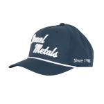 A navy 5 panel polyester cap featuring a white custom braid and embroidered branding on the front and side.