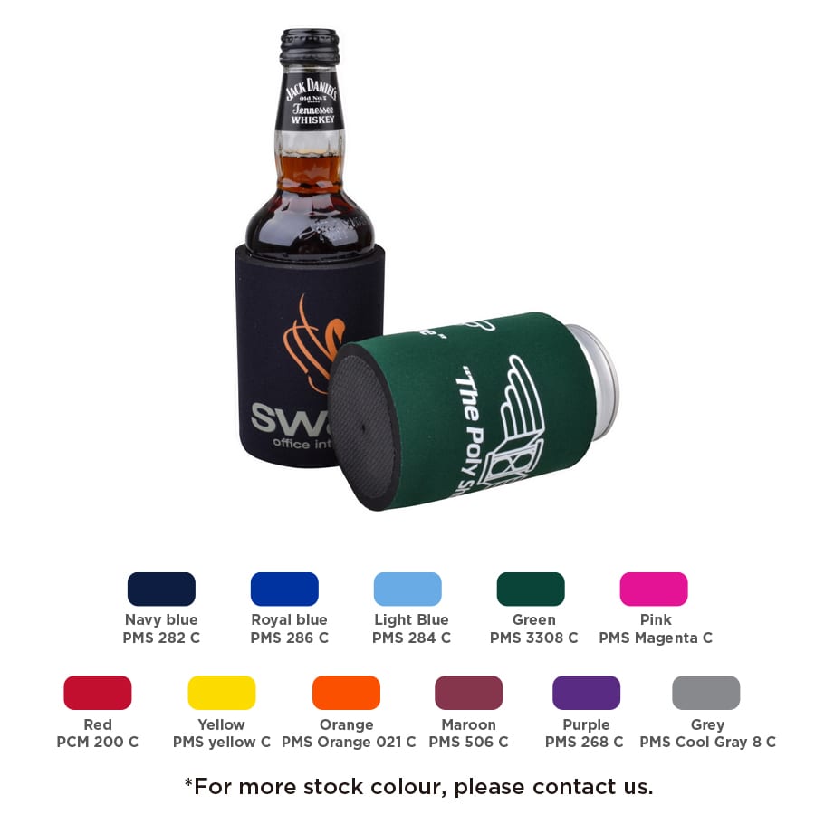 A drink bottle in a navy stubby holder with a green base, featuring a logo and various colour options below. Stubby Holder with Base - Image 1