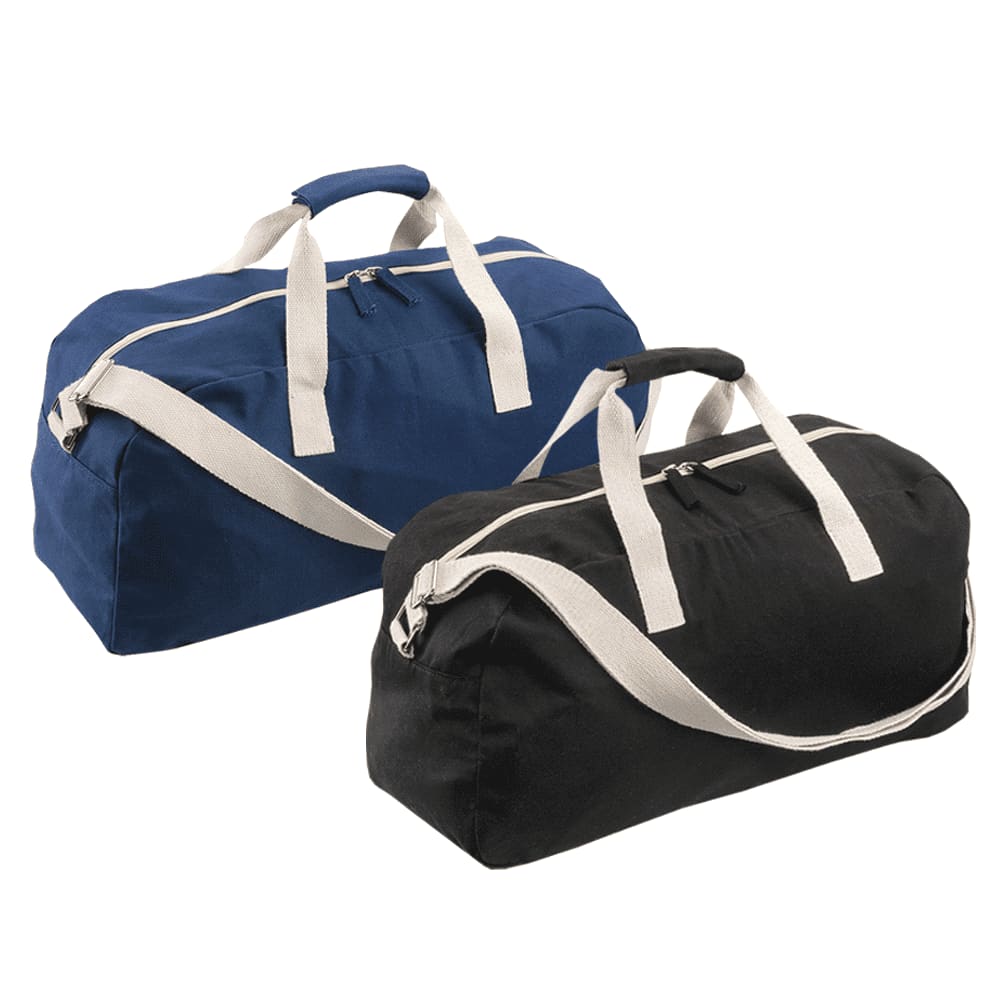 Two duffle bags in blue and black, featuring contrasting white straps and zippers. Each has a logo on the side. Beswick Sports Bag 23L - Image 1