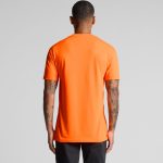 An orange work t-shirt displayed from the back, featuring a logo on the upper area.