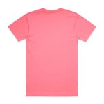 A vibrant pink work T-shirt featuring a simple design with a logo on the front.