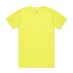 A bright yellow work t-shirt featuring a crew neck and short sleeves. It has a simple design and a logo.