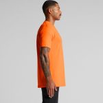 An orange work t-shirt displayed from the side, featuring a simple design and a logo on the chest.