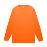 An orange long-sleeve tee shirt with a round neckline and a simple design. It features a logo on the front.