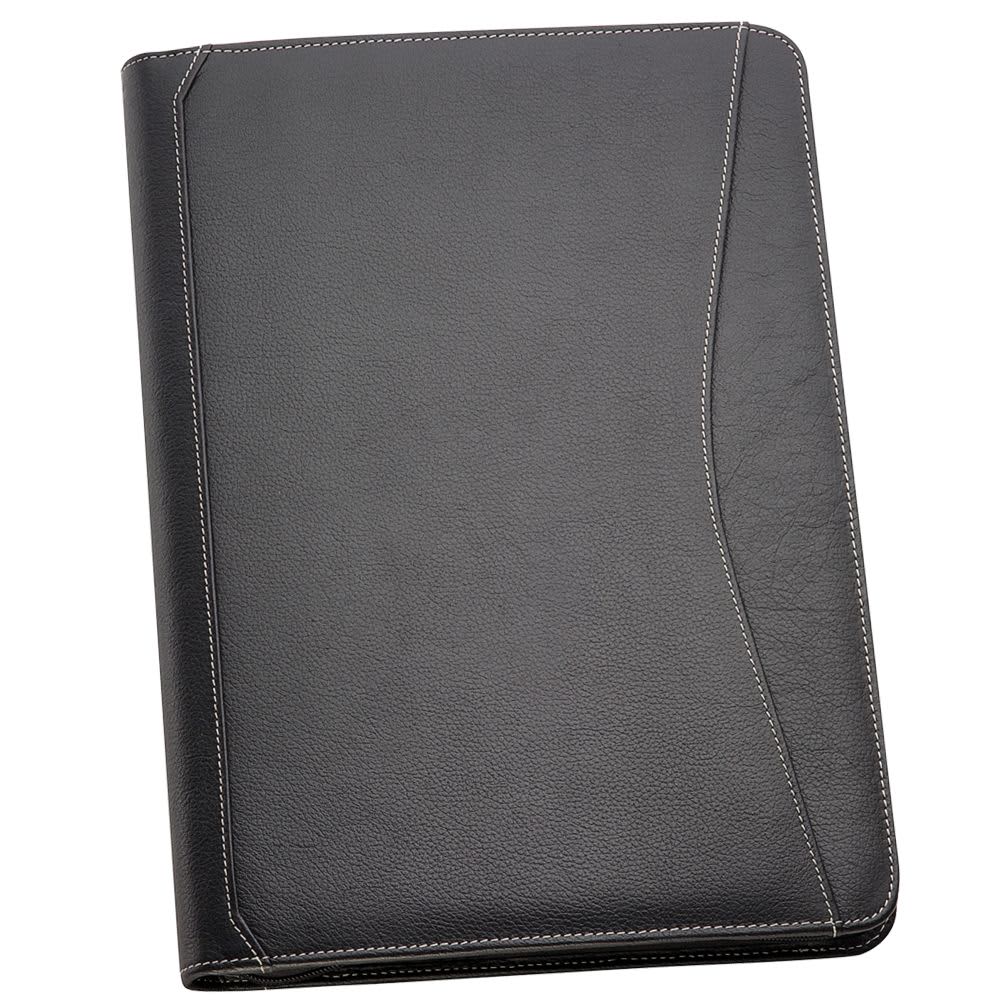 A black leather compendium featuring contrasting stitching and a sleek design, with a logo on the front. The Millennium Full Grain A4 Leather Compendium - Image 1