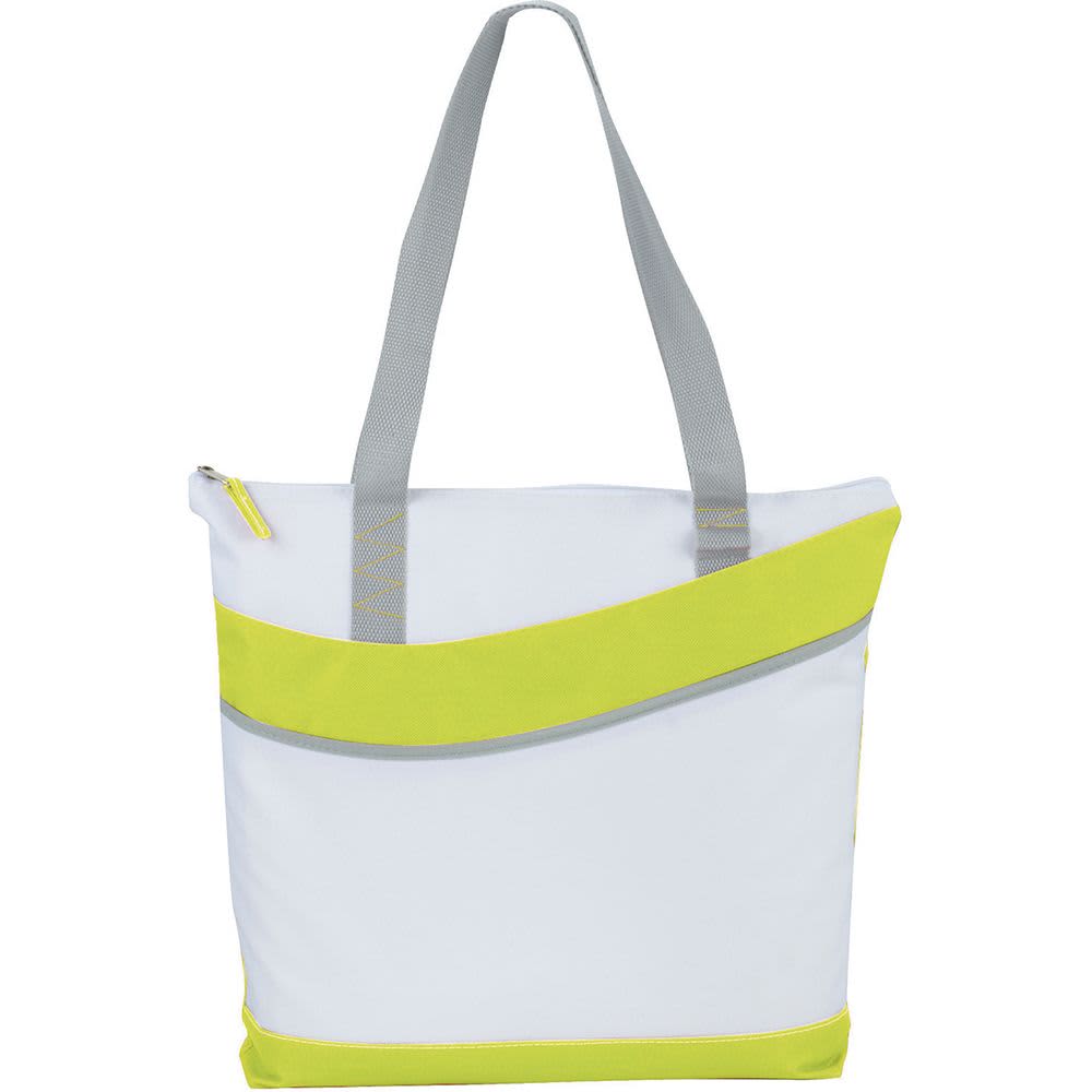 A zippered tote bag in white with bright yellow accents and grey handles, featuring a sleek design and logo. Upswing Zippered Convention Tote 10L - Image 1