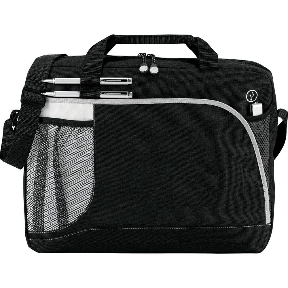 A black laptop bag with a mesh pocket, pen holders, and a strap. It features a logo on the front. Crunch Briefcase 9L - Image 1