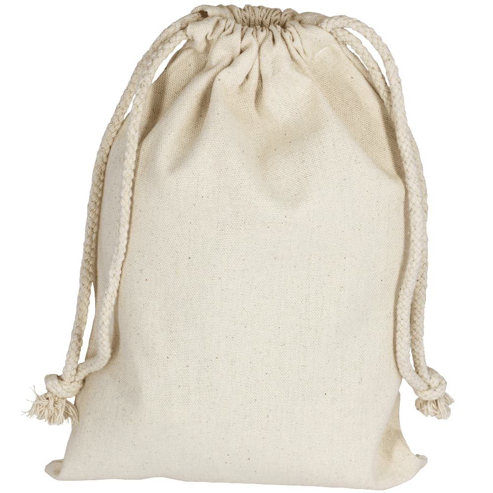 A cream-coloured 100% cotton drawstring bag with two braided drawstrings and a simple design. Midi 100% Cotton Drawstring Bag - Image 1
