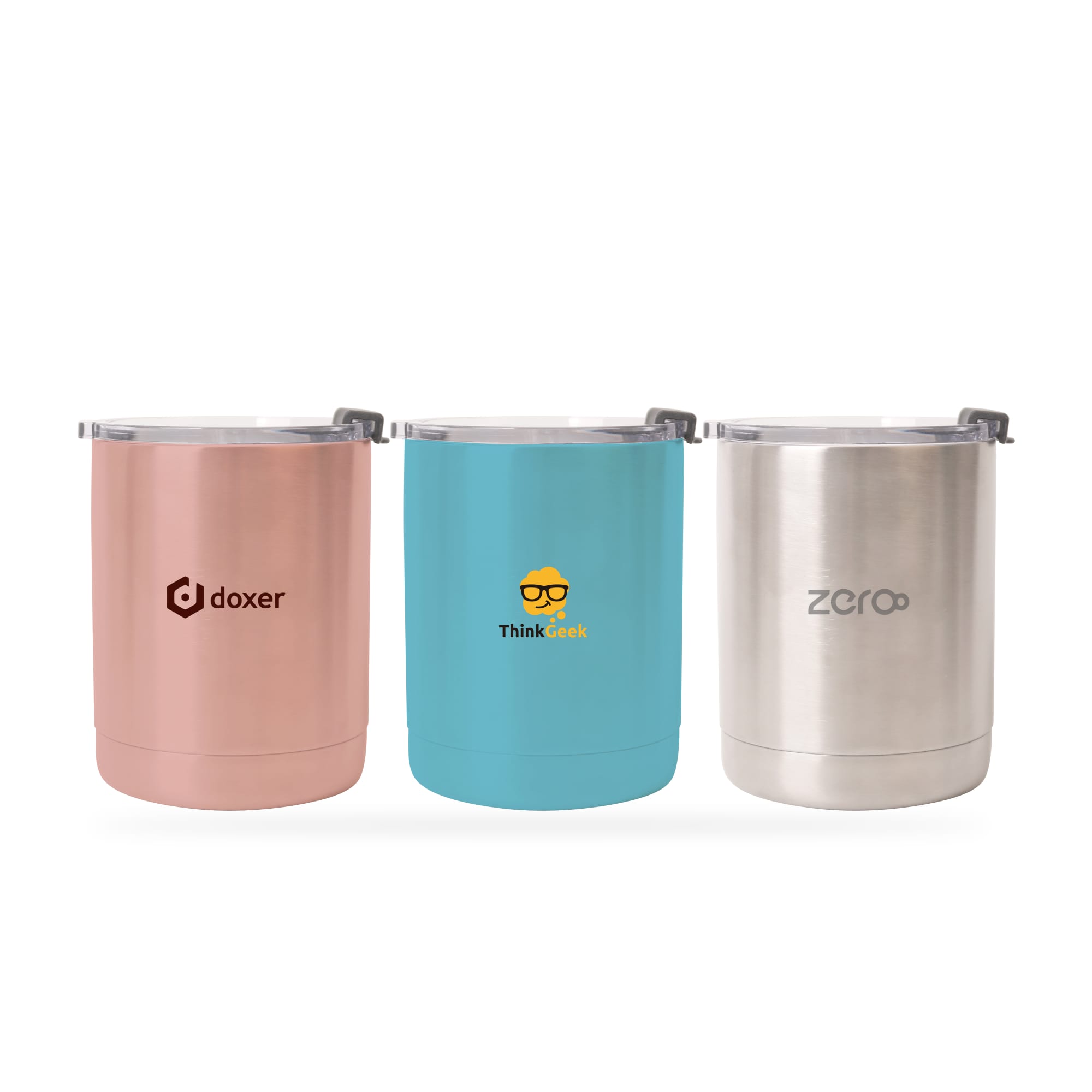 A drink bottle set featuring three 10oz stainless steel tumblers in rose gold, blue, and silver, each with a logo. 10oz Stainless Steel Tumbler - Image 1