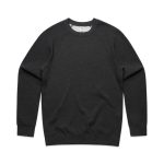 A dark grey jumper with long sleeves and a crew neck design. It features a tag and a subtle logo.