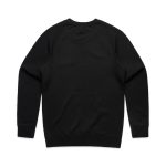 A black jumper features a simple and smooth design with a round neckline and long sleeves. It has a logo on the back.