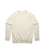 A cream-coloured sweater with a classic crew neck and raglan sleeves. It features a branding logo.