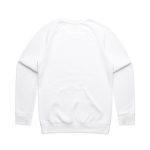 A white jumper with long sleeves and a rounded neckline, featuring a plain back and ribbed cuffs.