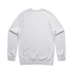 A grey jumper with a ribbed hem and cuffs, featuring a plain back design. Includes a logo.