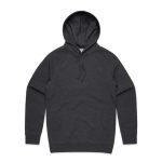 A charcoal grey hoodie featuring a front pocket and a hood, with a logo present.