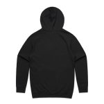 A black hoodie featuring a hood and long sleeves, with a smooth back design and a logo present.