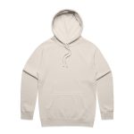 A beige hoodie with a front pocket and a drawstring hood, featuring a small logo.