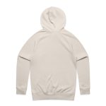 A plain beige hoodie with a back view, featuring a hood and long sleeves. The hoodie has a simple design and includes a logo.