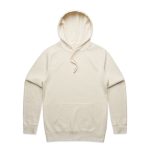 A cream-coloured hoodie with a front pocket and a drawstring hood. It features a logo on the front.