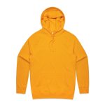 A bright yellow hoodie featuring a front pocket and a drawstring hood. It includes a logo.