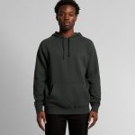 A dark grey hoodie with a front pocket and drawstring hood, featuring a logo on the front.