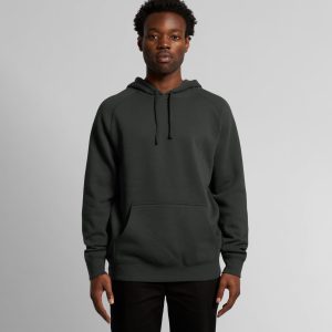 A dark grey hoodie with a front pocket and drawstring hood, featuring a logo on the front.