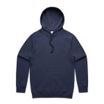 A navy hoodie with a kangaroo pocket and a drawstring hood, featuring a logo.