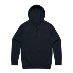 A black hoodie with a drawstring and a front kangaroo pocket, featuring a branding logo.