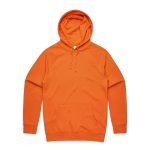 An orange hoodie with a front pocket and a hood, featuring a logo.
